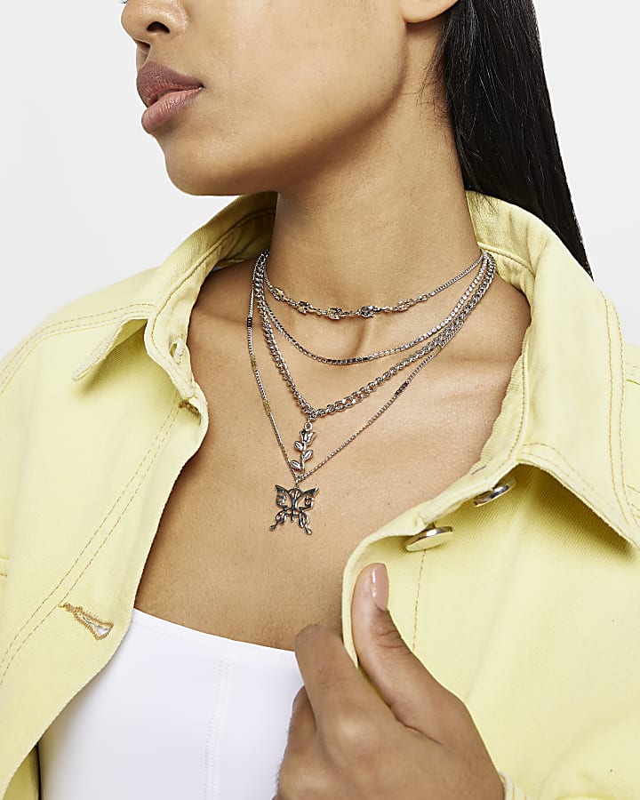 Silver butterfly multirow necklace