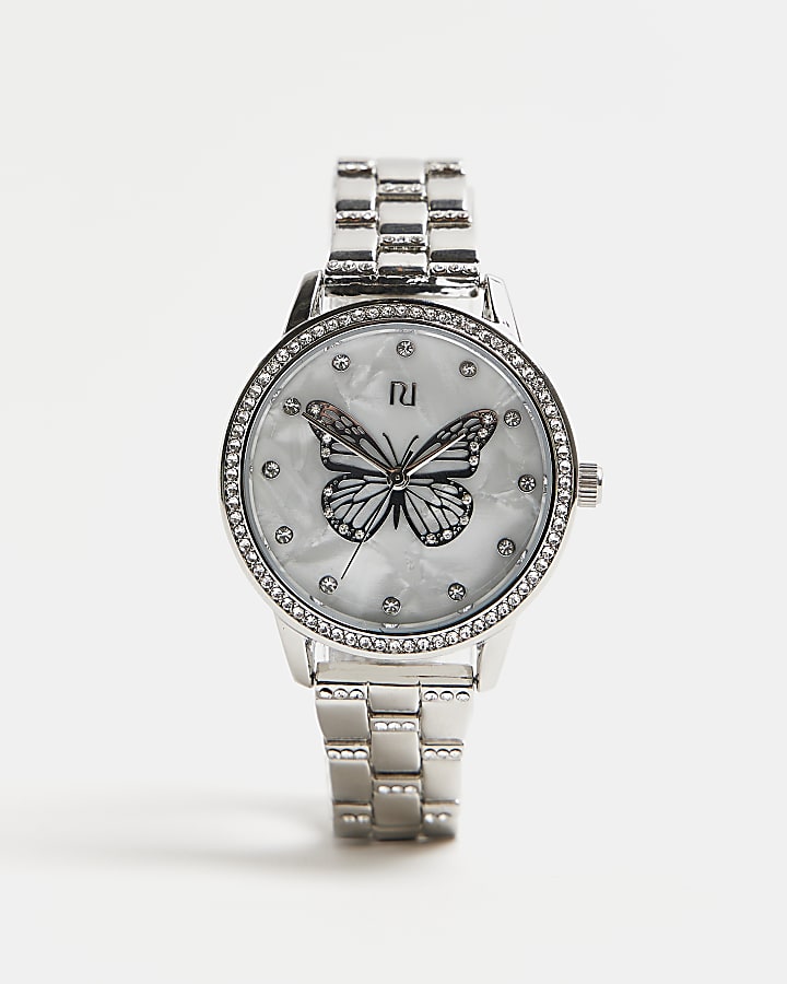 Silver butterfly round watch
