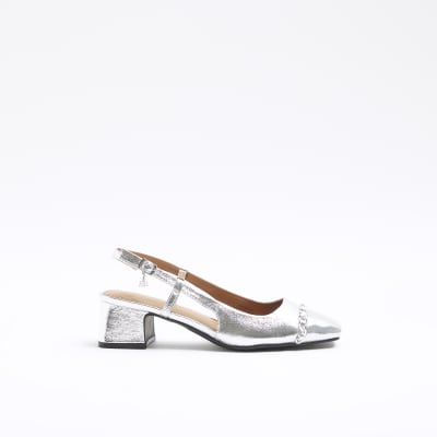 Silver grey block hot sale heel shoes