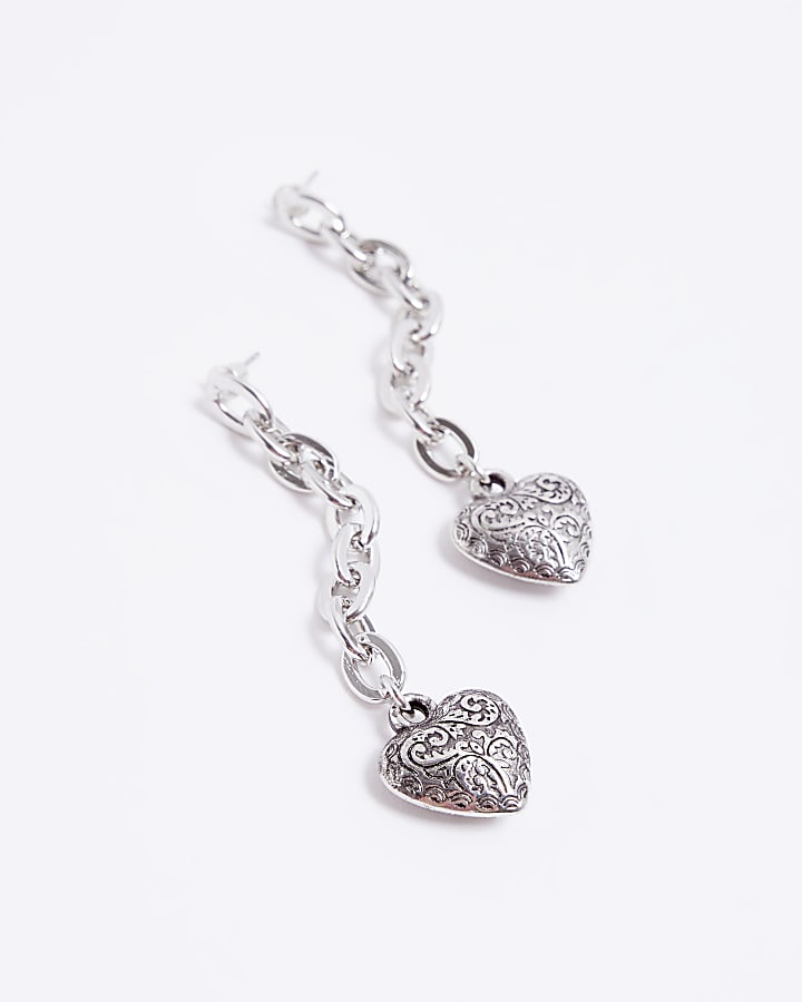 Silver chain link heart drop earrings