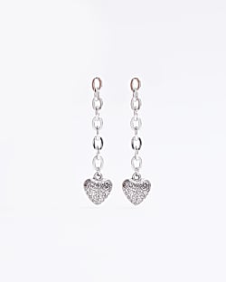 Silver chain link heart drop earrings