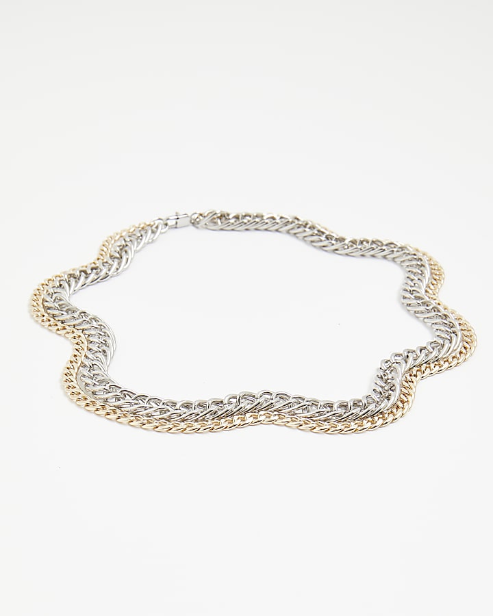 Silver chain link multirow necklace