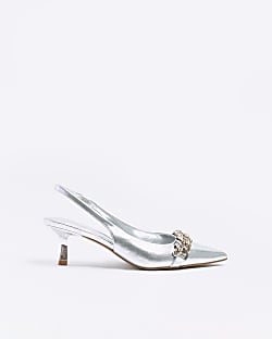 Silver chain sling back heeled court shoes