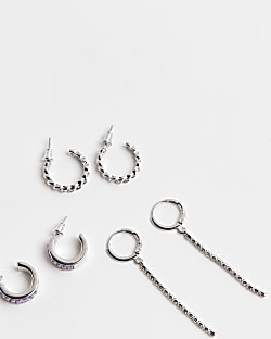 Silver chain stone hoop earrings multipack