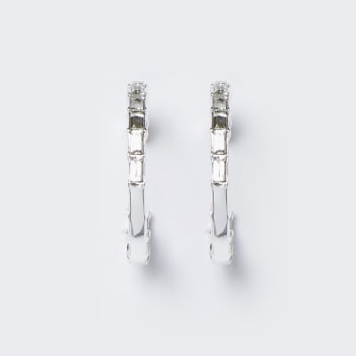 Silver colour baguette stone hoop earrings
