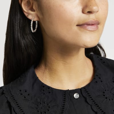 Silver colour baguette stone hoop earrings