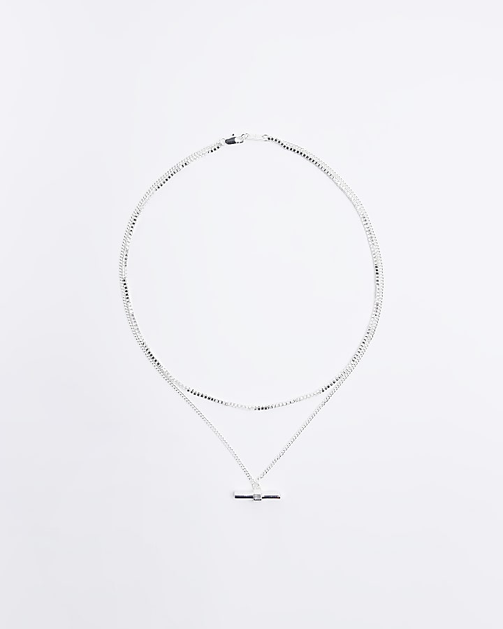Silver colour bar pendant multirow necklace