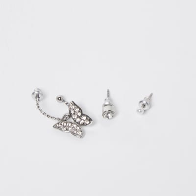 Silver colour butterfly hoop earrings 3 pack
