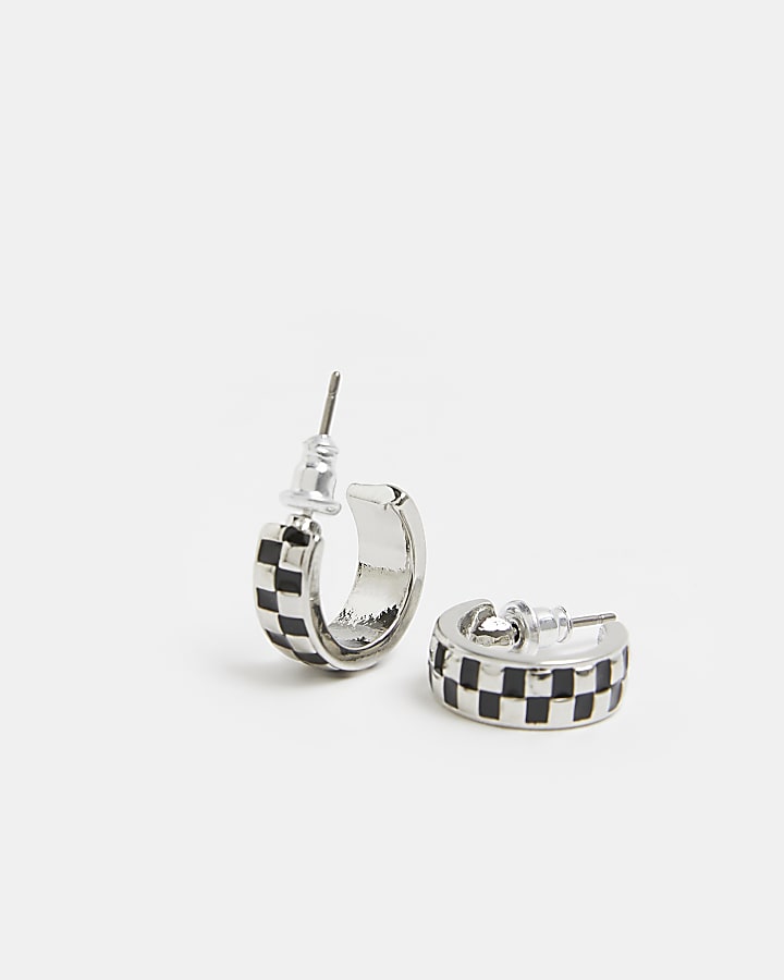 Silver colour Check Hoop earrings