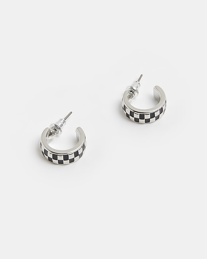 Silver colour Check Hoop earrings