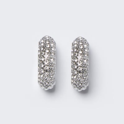 Silver colour chunky diamante hoop earrings