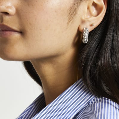 Silver colour chunky diamante hoop earrings