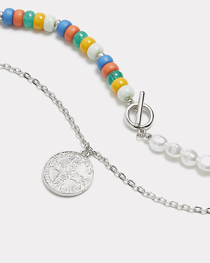 Silver colour coin beaded multirow necklace