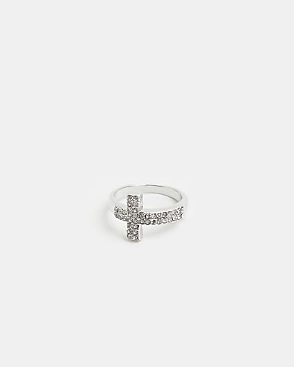 Silver colour crystal cross ring