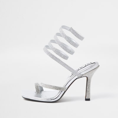 Silver colour diamante ankle wrap heels | River Island