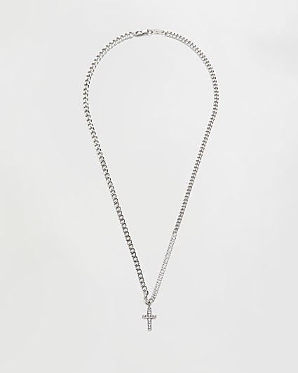 Silver colour diamante cross pendant necklace