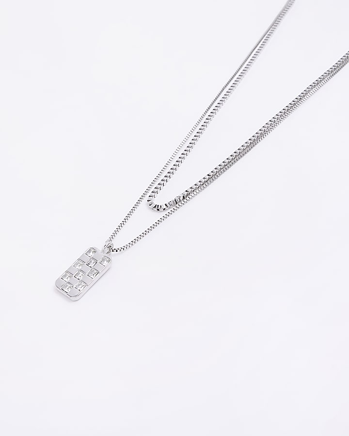 Silver colour diamante detail tag necklace