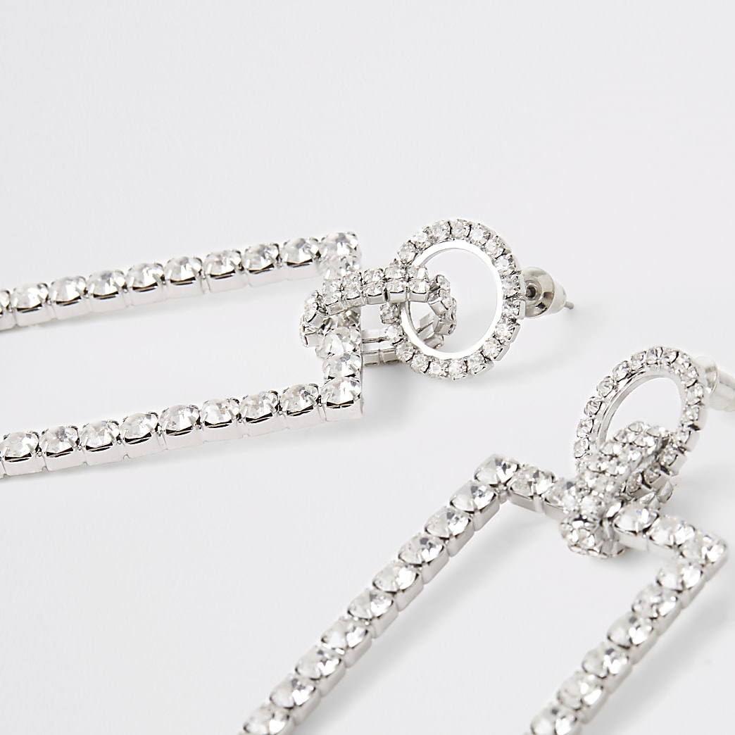 Diamante Drop Earrings Silver Colour Diamante Stud /& Drop