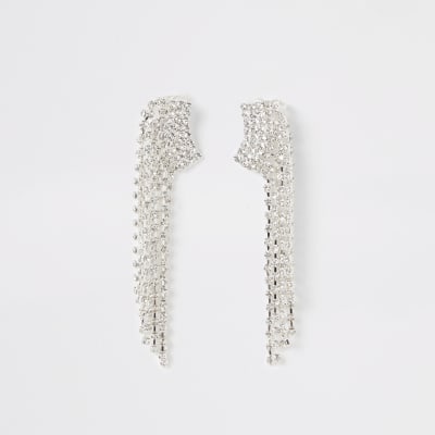 Silver colour diamante tassel ear cuffs