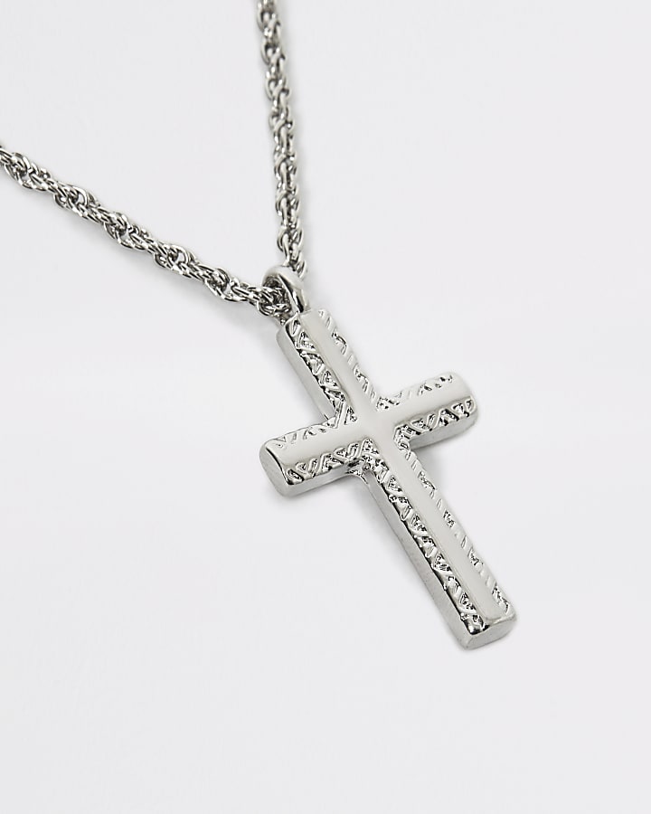 Silver colour embossed cross pendant necklace