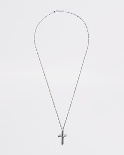 Silver colour embossed cross pendant necklace