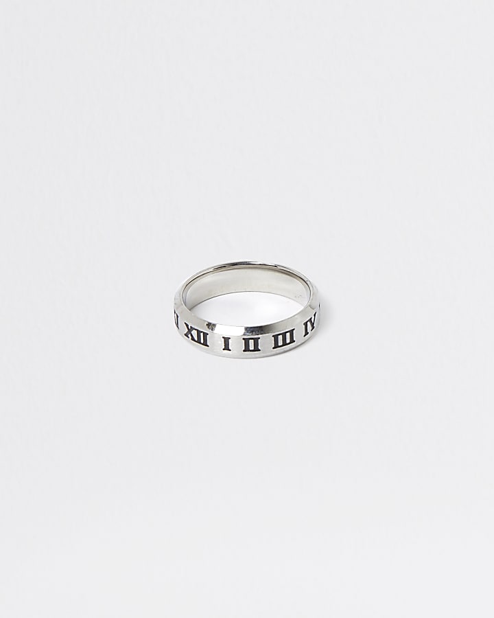 Silver colour engraved roman numerals ring