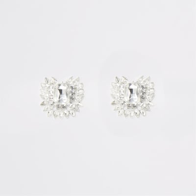 Silver colour jewel statement stud earrings