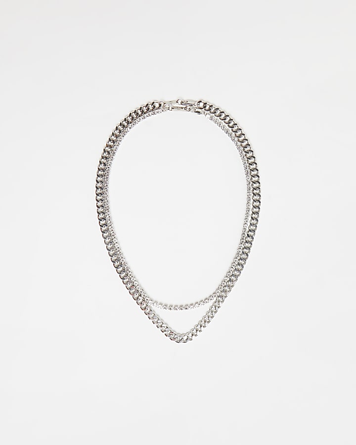 Silver colour layered diamante chain necklace