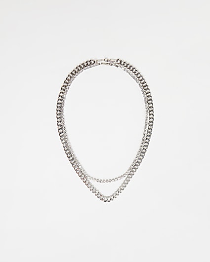 Silver colour layered diamante chain necklace