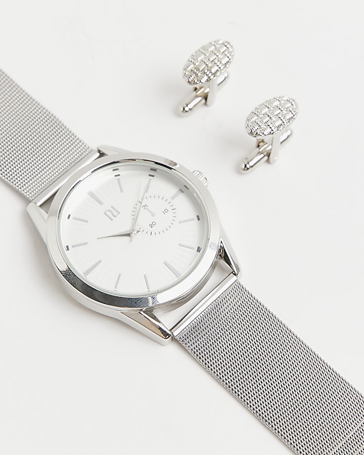 Silver colour Mesh Watch with Gift box
