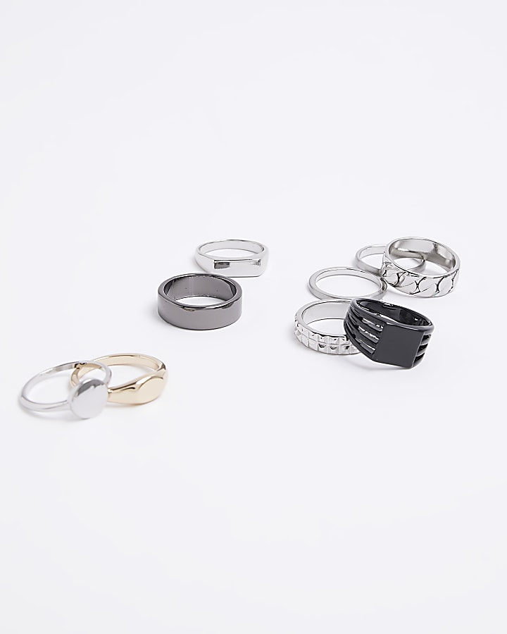 Silver colour multipack of 9 chunky rings