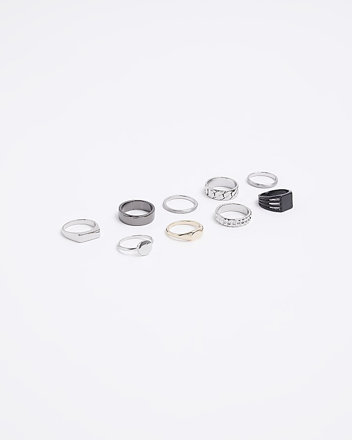 Silver colour multipack of 9 chunky rings