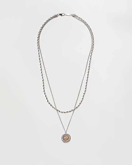 Silver colour multirow disc pendant necklace