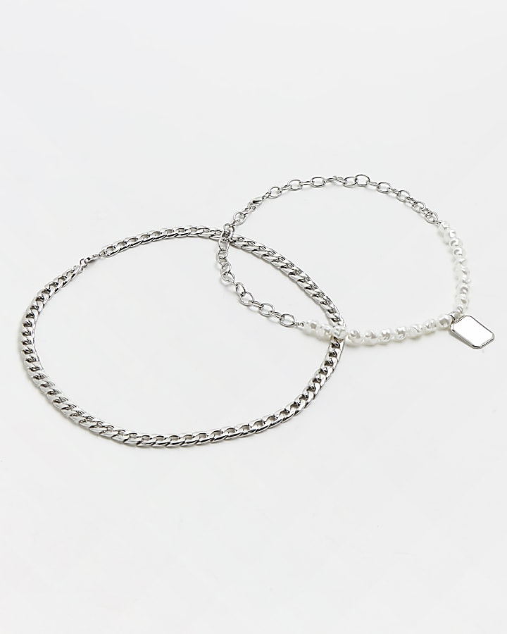 Silver colour pearl & chain tag necklace