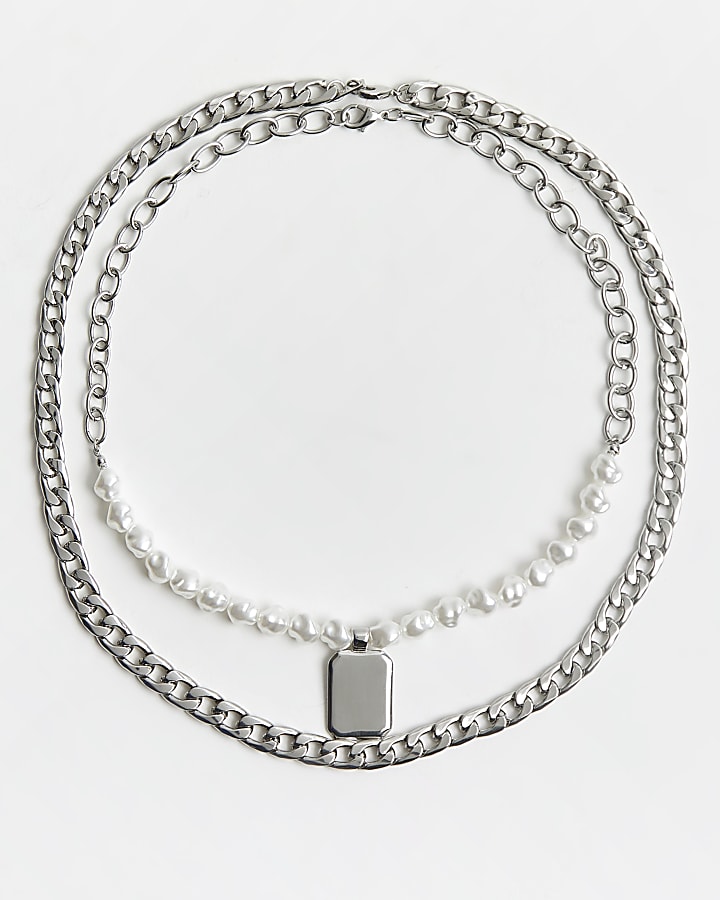 Silver colour pearl & chain tag necklace