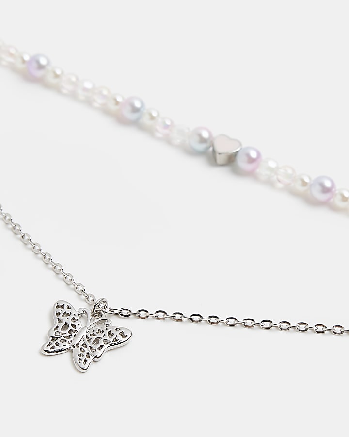 Silver colour Pearl and Butterfly Necklace