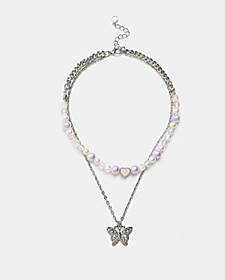 Silver colour Pearl and Butterfly Necklace
