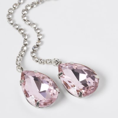 Silver colour pink stone tear drop earrings