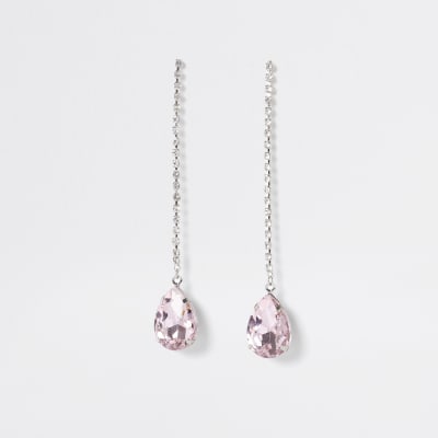 Silver colour pink stone tear drop earrings