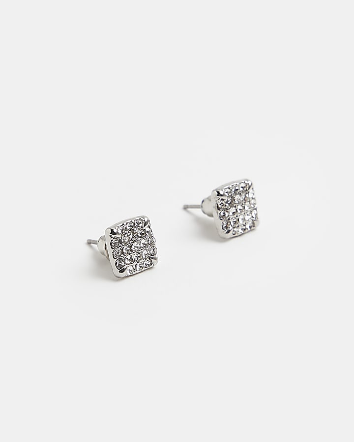 Silver colour Square Crystal Stud Earrings