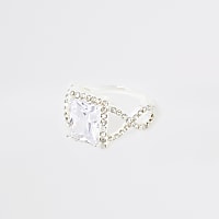 Silver colour square diamante pave ring