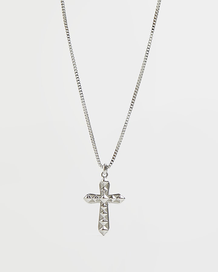 Silver colour studded cross pendant necklace