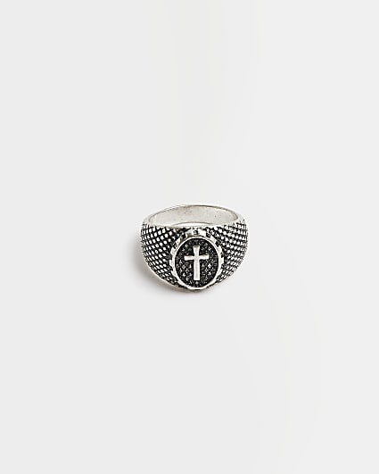 Silver colour textured Cross Signet ring
