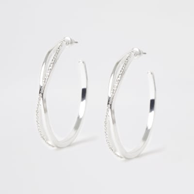 Silver colour twist diamante hoop earrings | River Island