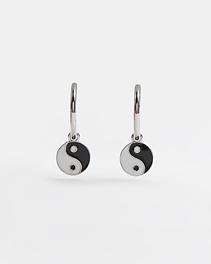 Silver colour yin and yang hoop earrings