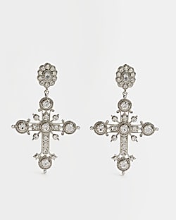 Silver cross drop earrings