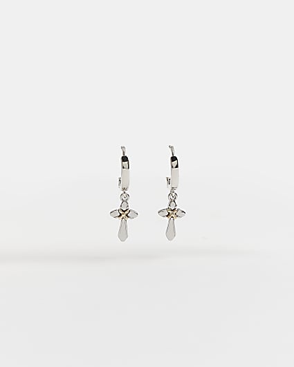 Silver cross huggie hoop earrings