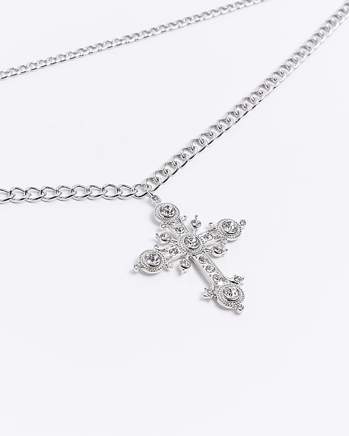Silver cross multirow necklace
