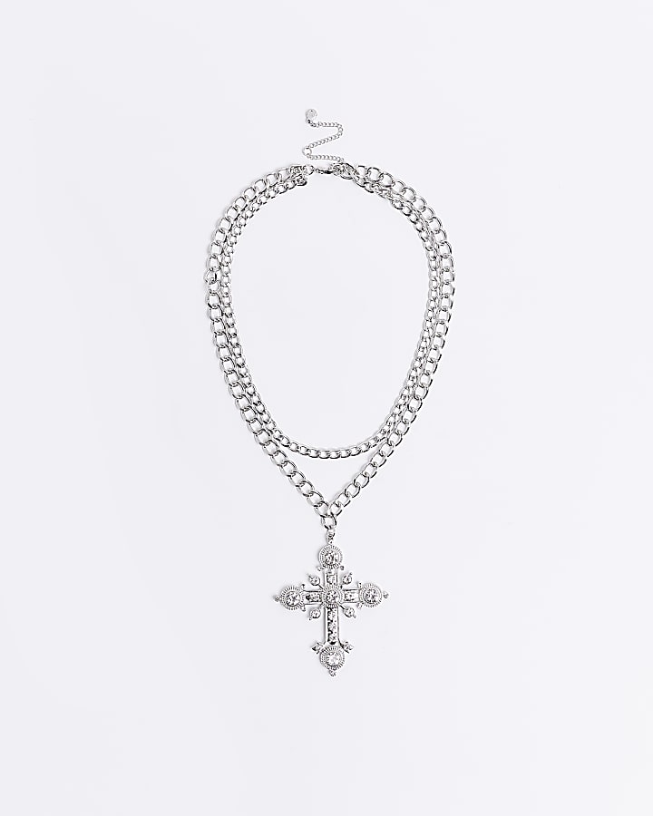 Silver cross multirow necklace