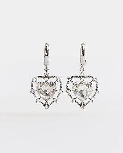 Silver crystal heart drop hoop earrings